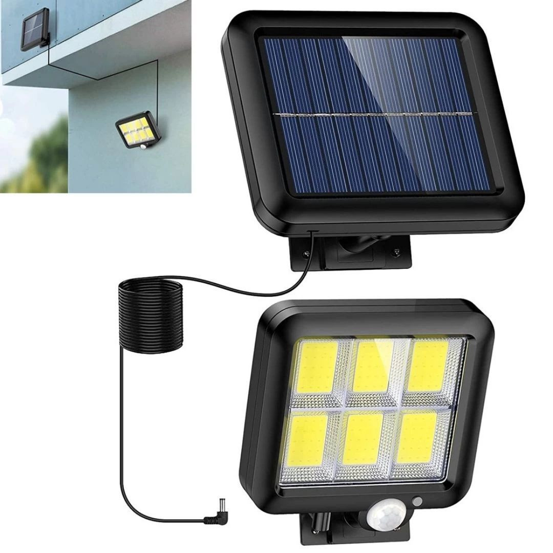 Komplet COB LED solarnih reflektorjev 2x z ločenim solarnim panelom in PIR senzorjem gibanja in 1x solarna svetilka 5W 300lm