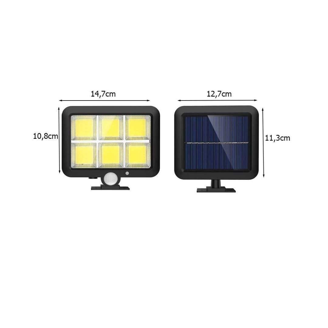 Komplet COB LED solarnih reflektorjev 2x z ločenim solarnim panelom in PIR senzorjem gibanja in 1x solarna svetilka 5W 300lm