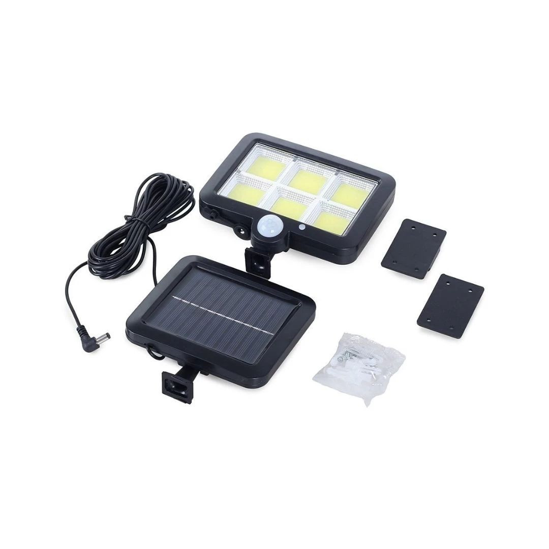 Komplet COB LED solarnih reflektorjev 2x z ločenim solarnim panelom in PIR senzorjem gibanja in 1x solarna svetilka 5W 300lm