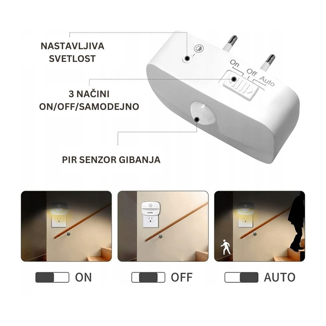 LED nočna lučka s PIR sezorjem gibanja toplo bela za v vtičnico