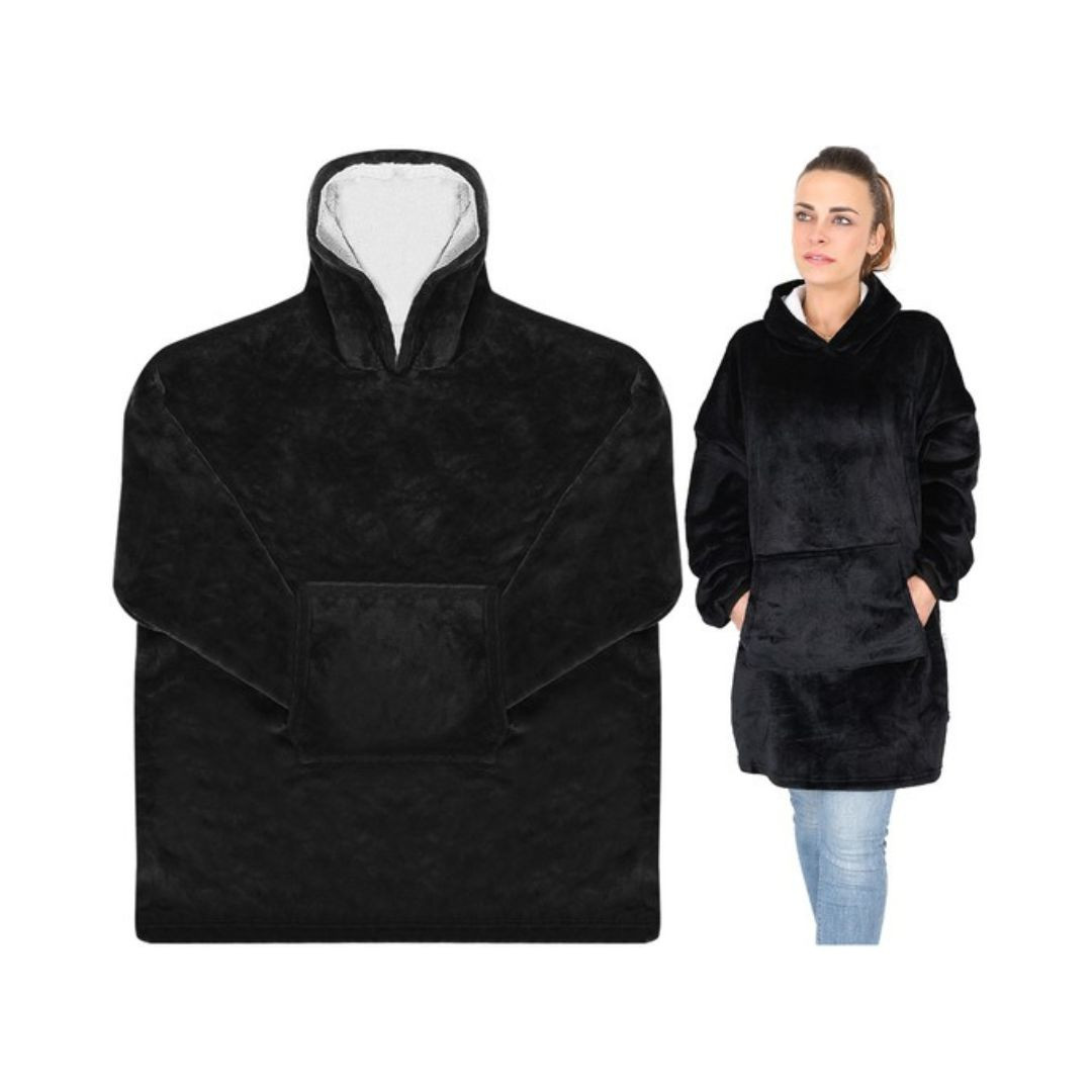 Topla pulover odeja s kapuco in rokavi - hoodie odeja črna