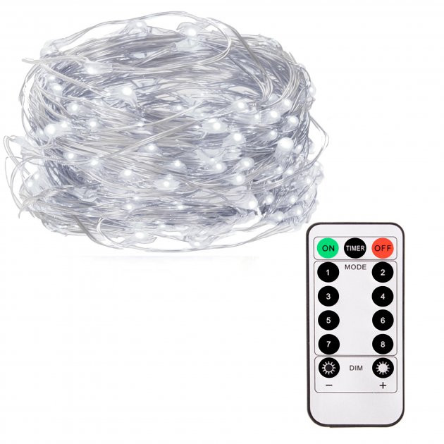 Micro LED novoletne lučke na baterije z daljincem 100 LED 10m hladno bele 3xAA