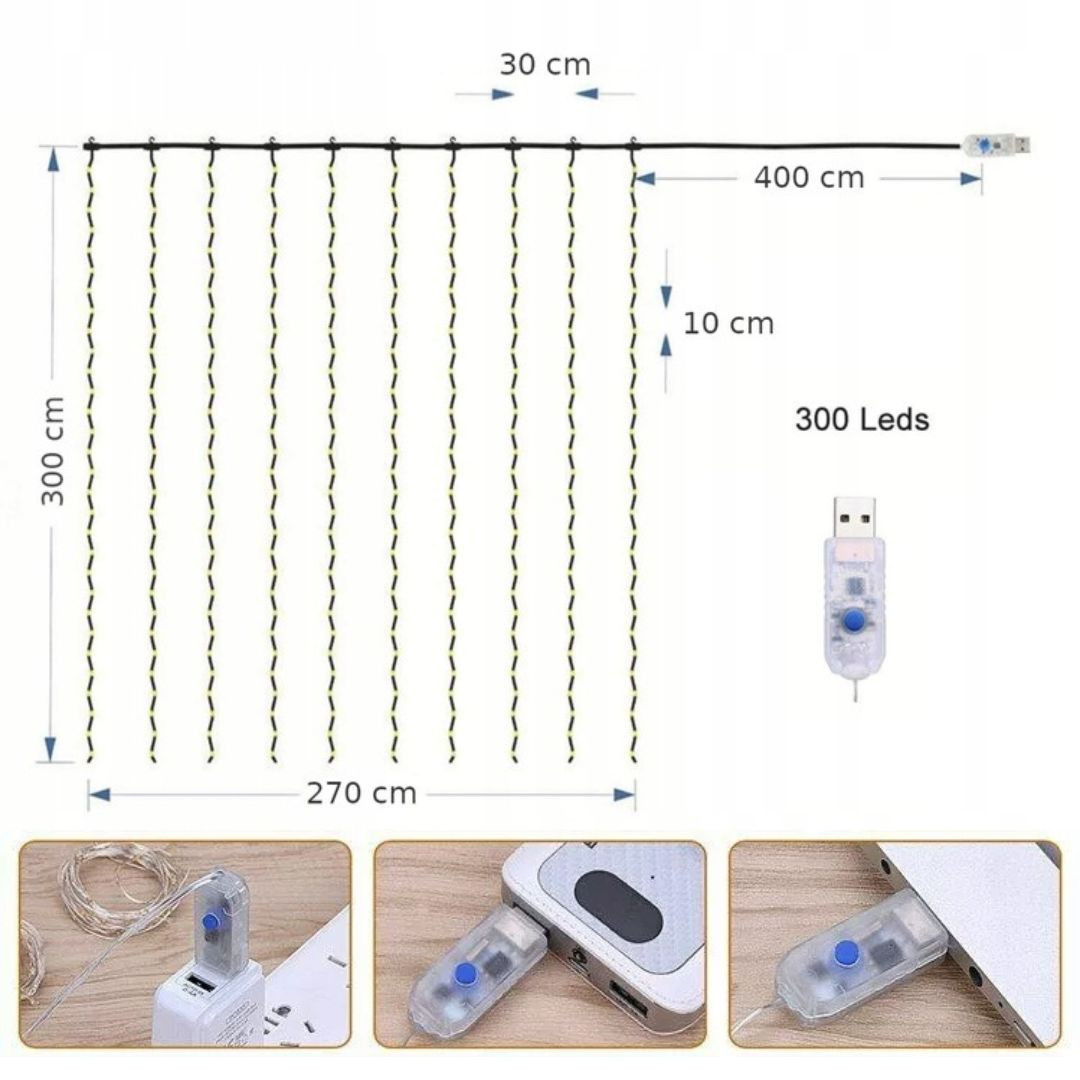 LED svetlobna zavesa USB 5V 300 LED 3×3 m 2700K
