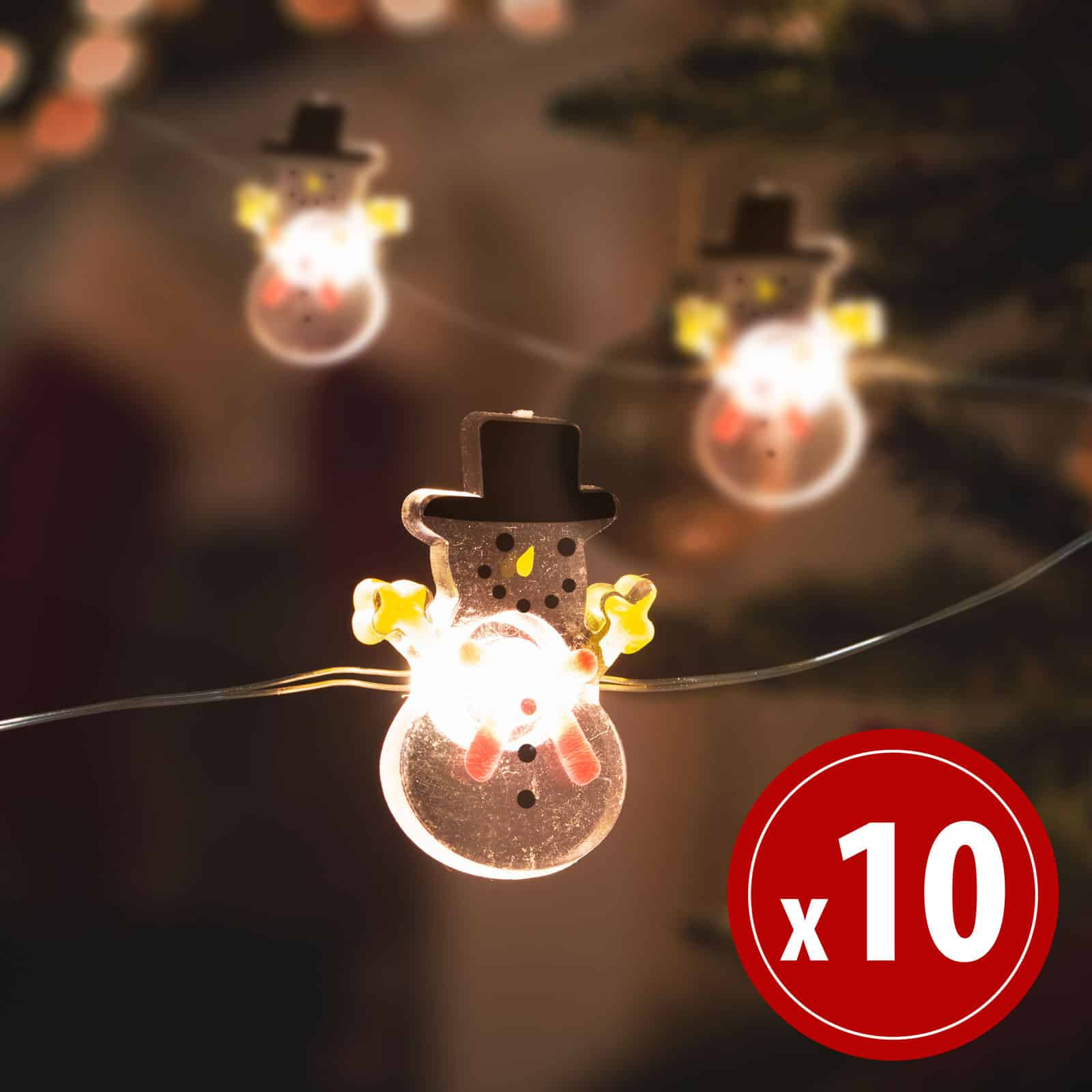 LED svetlobni niz na baterije s snežaki 10 LED diod 1,2 metra toplo bela 2xAA