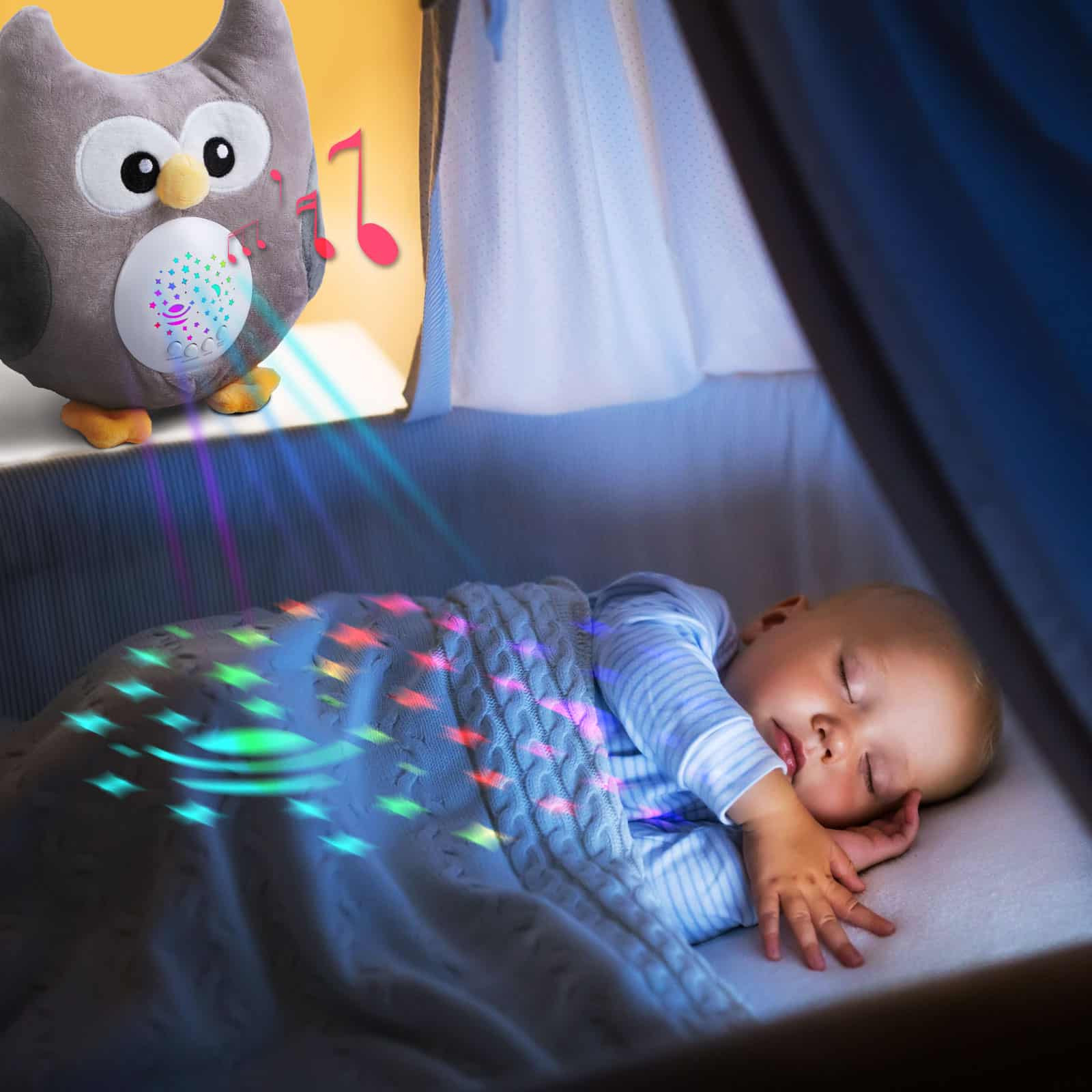 Plišasta sovica z pomirjajočo glasbo in RGB LED projekcijsko svetilko na baterije