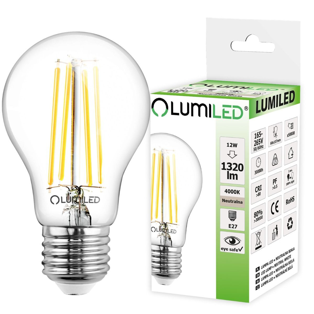LED sijalka fillament E27 12W 1320lm 4000K steklo – slika 4