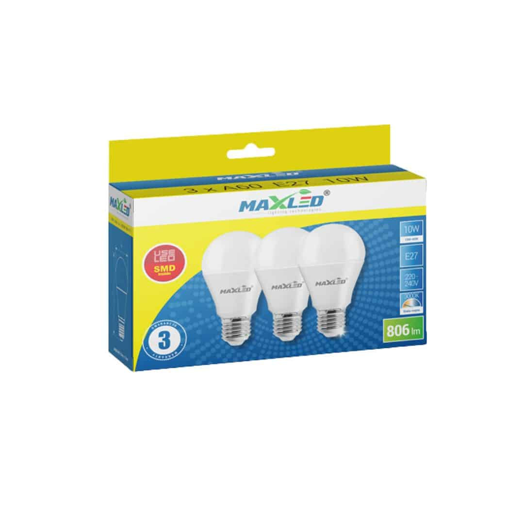 3x LED sijalka E27 A60 10W 806lm 3000K
