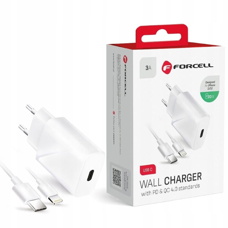 Omrežni polnilec z USB-C vtičnico in lightning kablom 3A 20W PD in QC 4.0