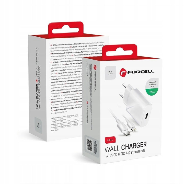 Omrežni polnilec z USB-C vtičnico in lightning kablom 3A 20W PD in QC 4.0