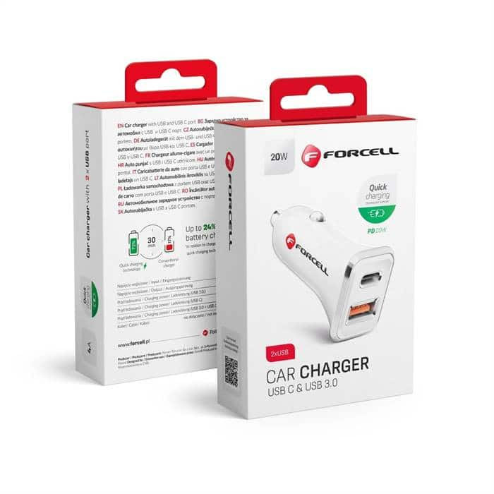 Avtopolnilec za hitro polnjenje USB 3.0 + USB C Quick Charge + Power Delivery PD20W 4A bel