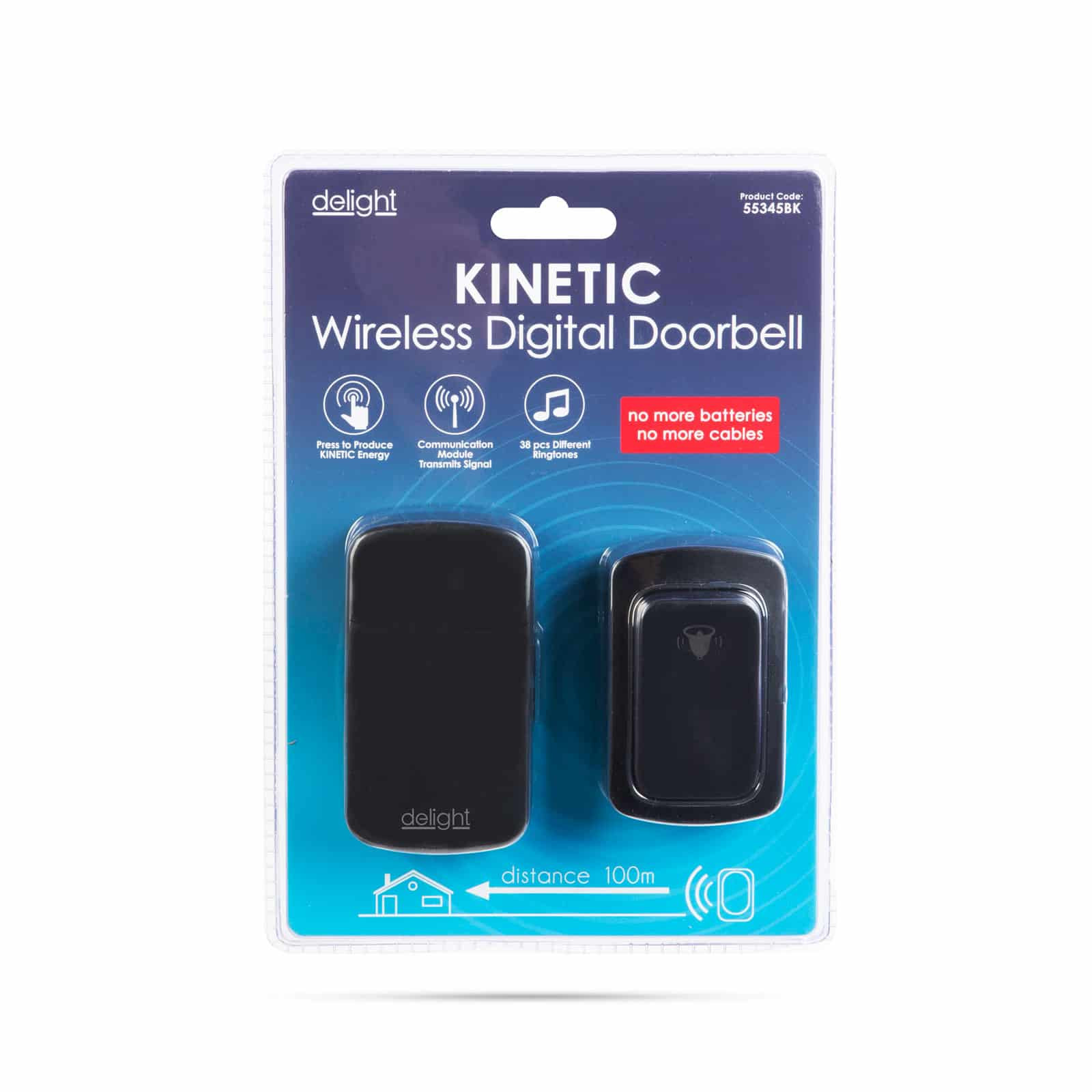 Digitalni električni brezžični zvonec KINETIC s kinetično tipko z dometom do 100m in 38 melodijami črn