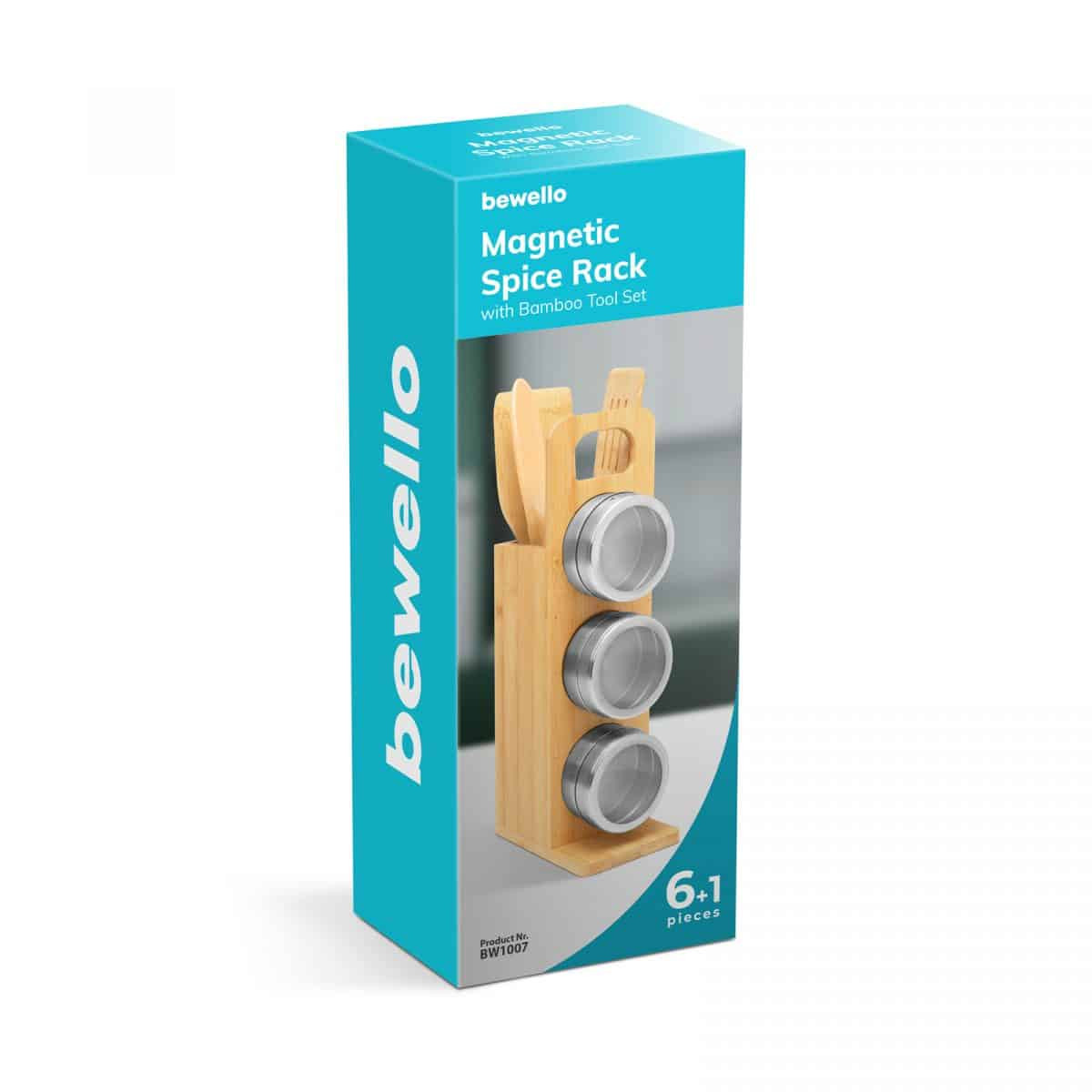 Magnetno stojalo za začimbe + kuhinjski set iz bambusa 7 delni 80 x 135 x 275 mm