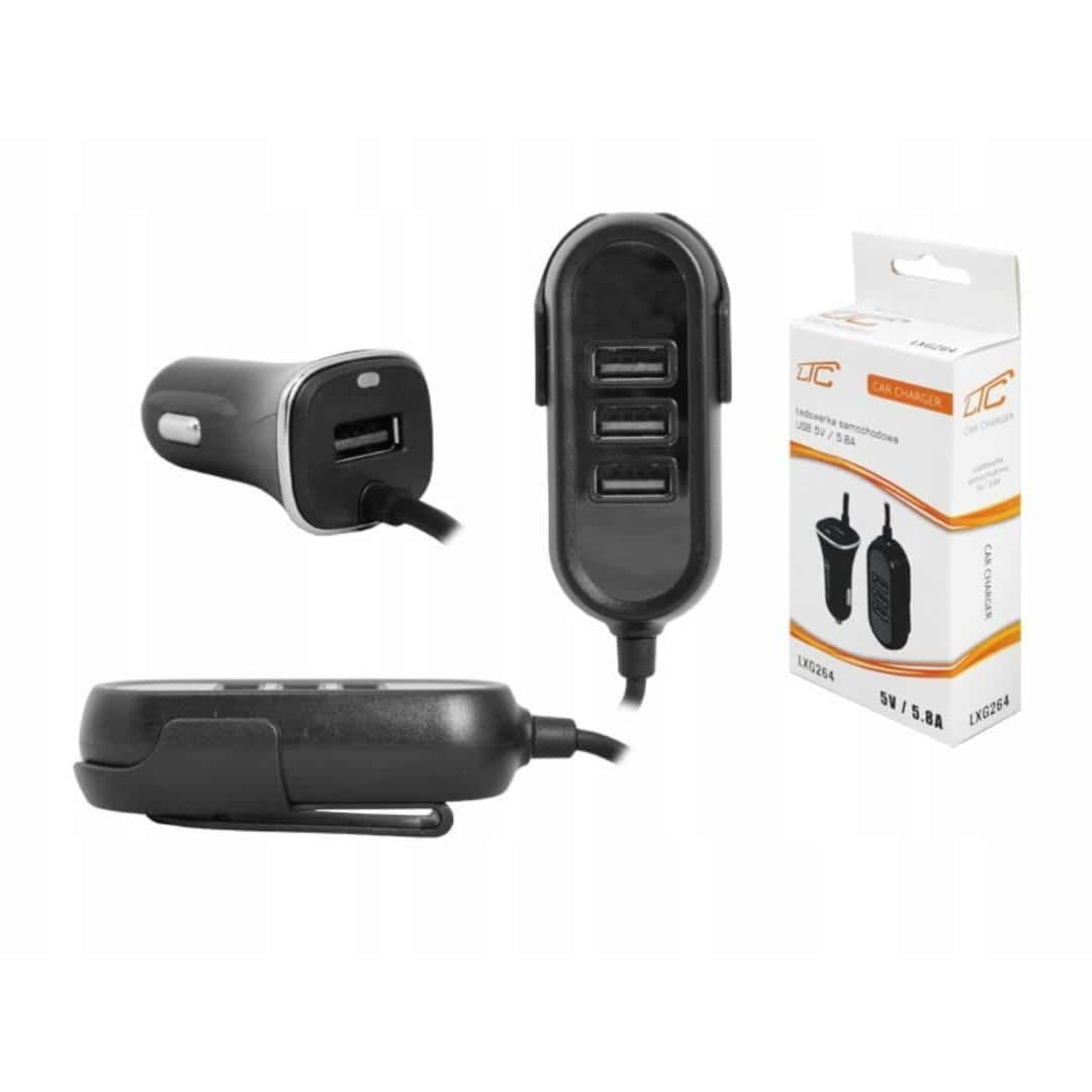 Trojni avtopolnilec s kablom 3xUSB 1,4m 5,8A