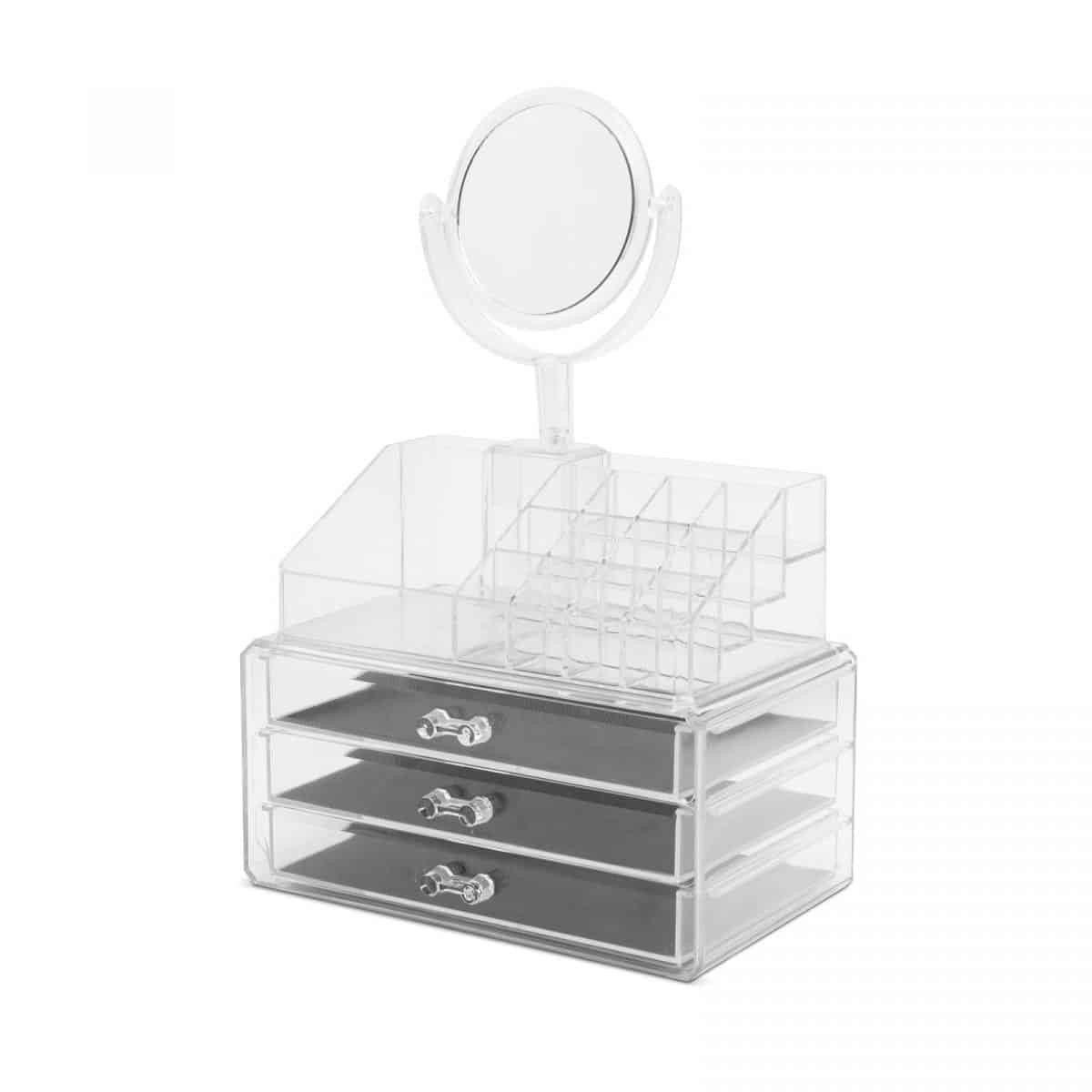 Kozmetični organizator za make-up in nakit z ogledalom 19 delni 35 cm prozoren