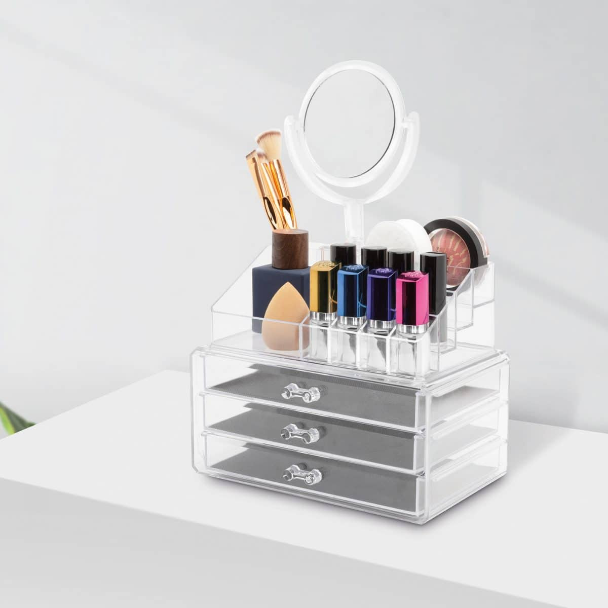 Kozmetični organizator za make-up in nakit z ogledalom 19 delni 35 cm prozoren
