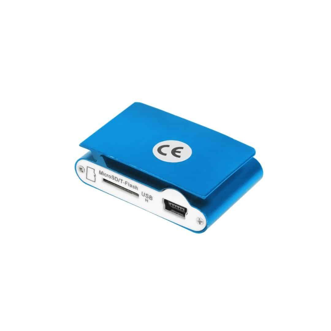 Mini kovinski mp3 predvajalnik na microSD kartico + slušalke + mini USB kabel moder