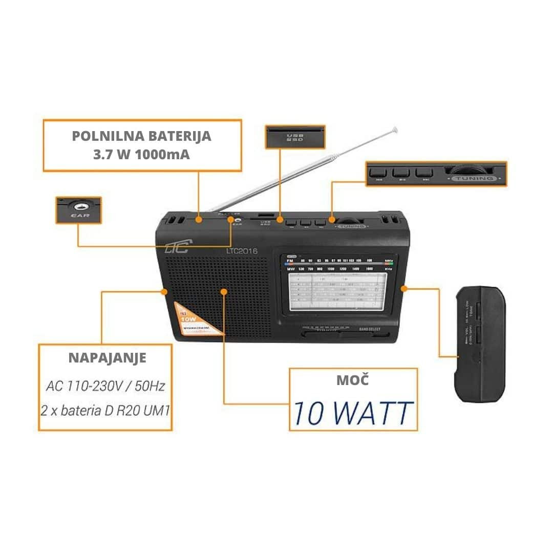 Prenosni radio z MP3 predvajalnikom USB / SD 10W z akumulatorjem 210 x 124 x 57 mm črn