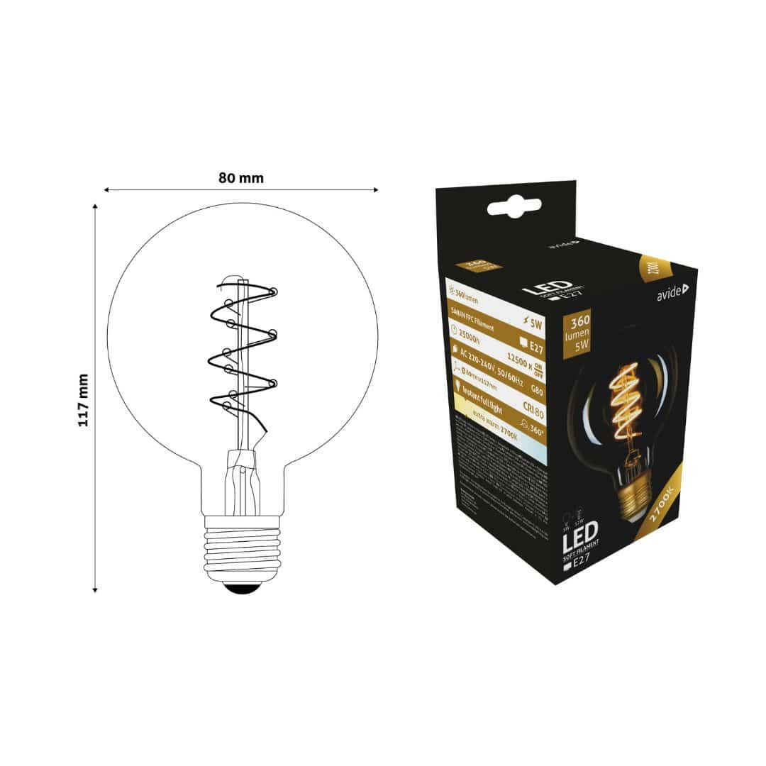 LED sijalka E27 G80 5W FILLAMENT 2700K