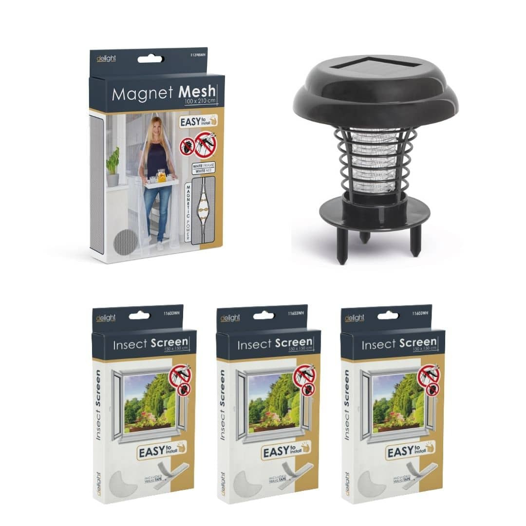 UV paket proti insketom – magnetna mreža za vrata bela 210x100cm + 3x komarnik za okno 150×150cm bel + UV LED past za insekte