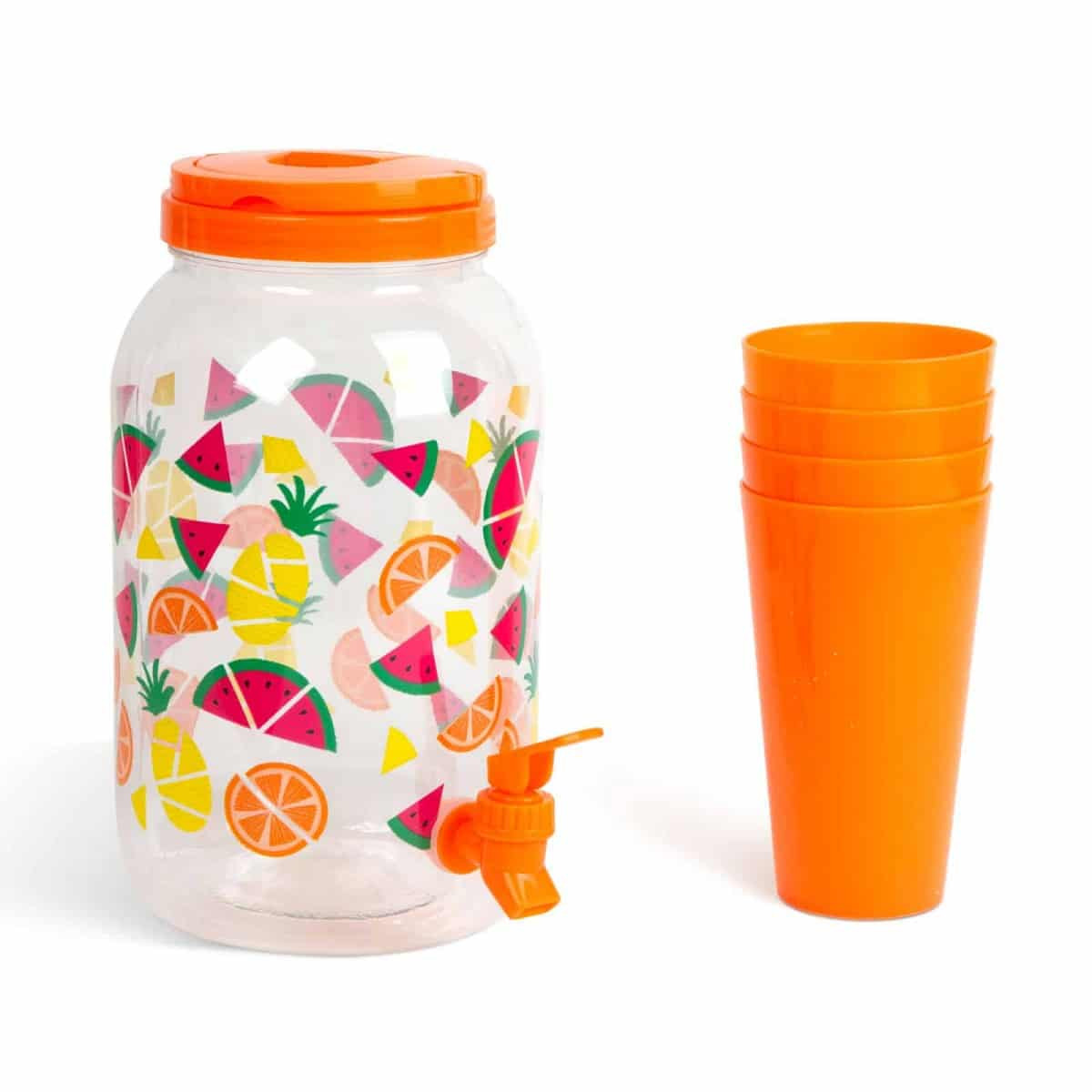 Dispenzer za pijačo s pipo in plastičnimi skodelicami - 3,8 l - oranžen