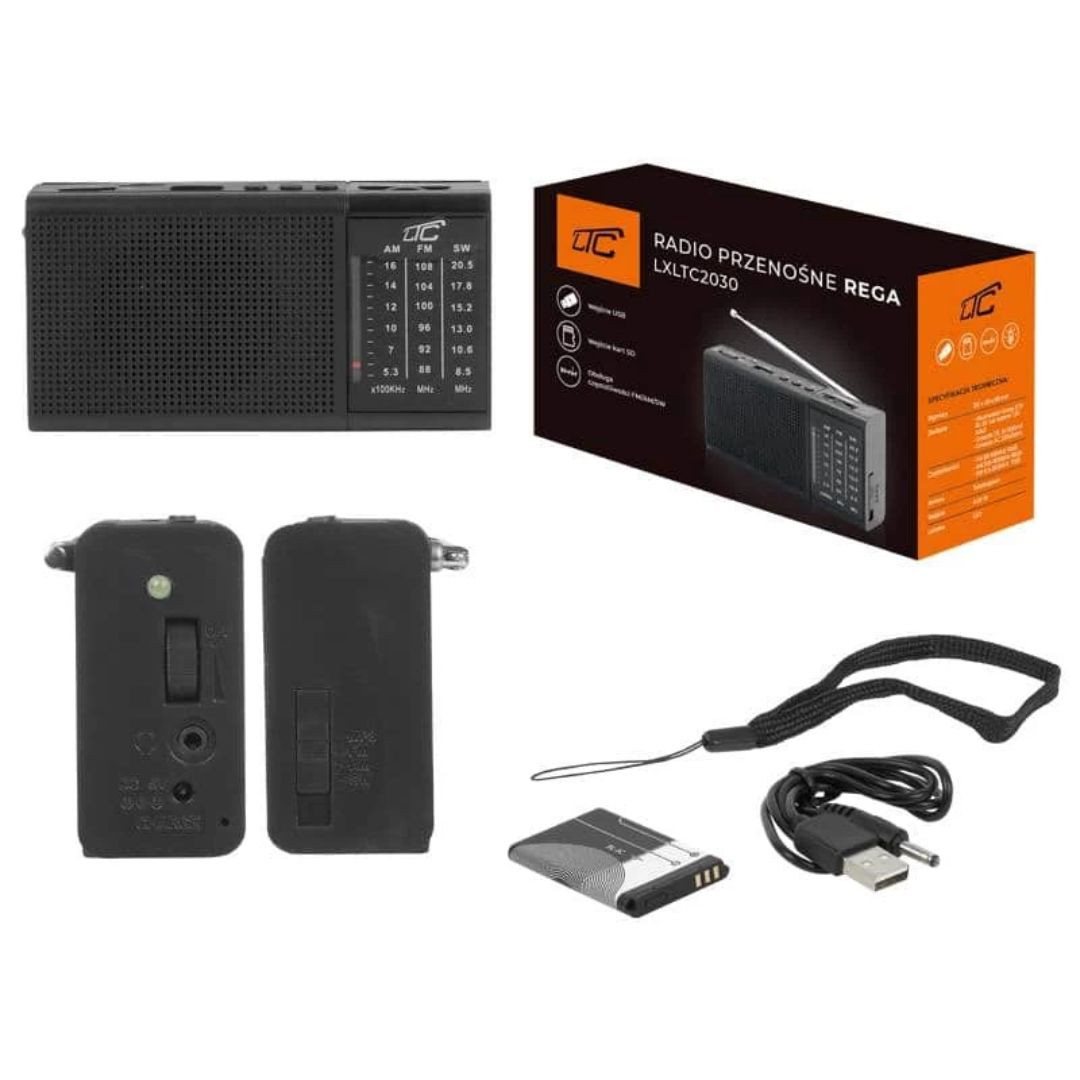 Prenosni radio s polnilno baterijo, USB, TF, AUX, mini LED svetilko in baterijo črne barve