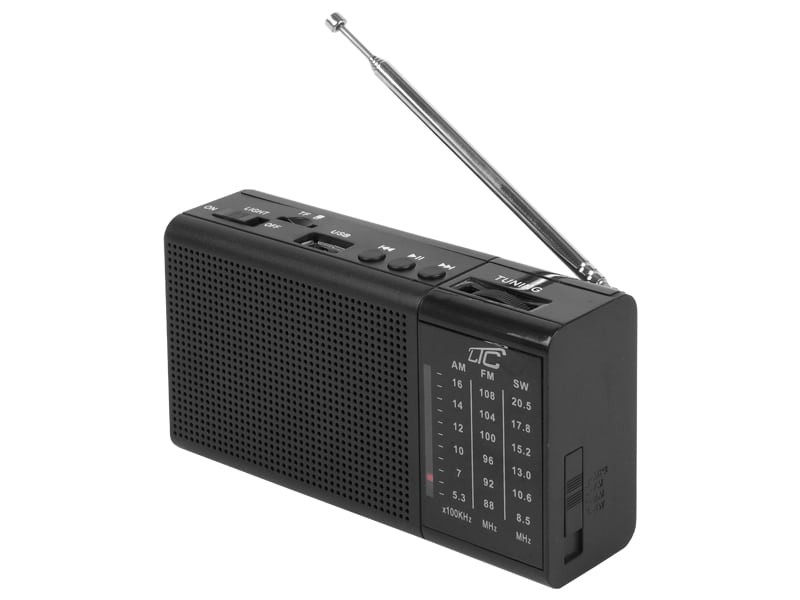 Prenosni radio s polnilno baterijo, USB, TF, AUX, mini LED svetilko in baterijo črne barve