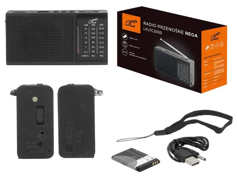 Prenosni radio s polnilno baterijo, USB, TF, AUX, mini LED svetilko in baterijo črne barve