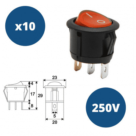 10x osvetljeno preklopno vgradno stikalo OFF/ON 6A 250V rdeča luč