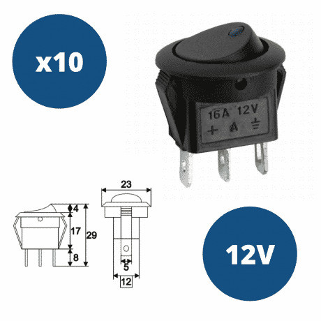 10x vgradno stikalo 16A 12V DC modra LED