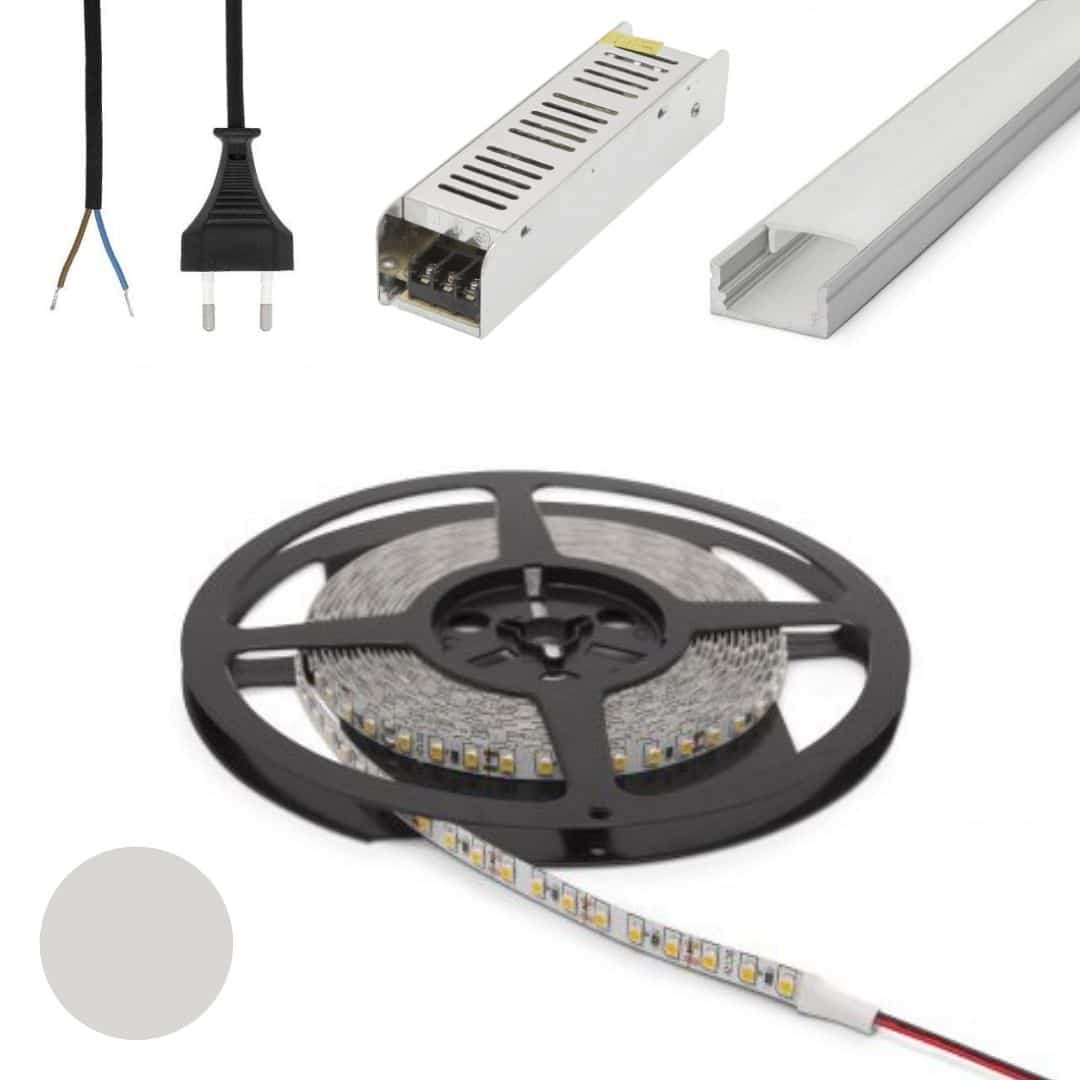 Set 5x 1m ALU profil mat + LED trak 9,6W/m 4500K 5m + napajalnik 60W + priključna vrvica