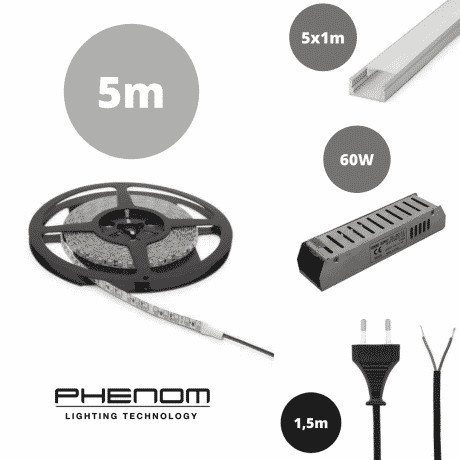 Set 5x 1m ALU profil mat + LED trak 9,6W/m 4500K 5m + napajalnik 60W + priključna vrvica