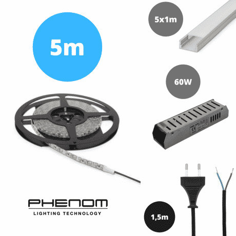 Set 5x 1m ALU profil mat + LED trak 9,6W/m 6500K 5m + napajalnik 60W + priključna vrvica