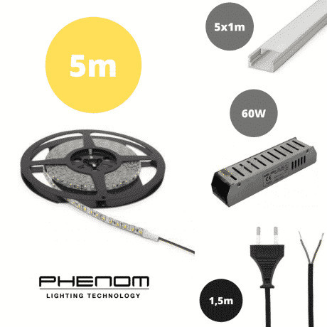 Set 5x 1m ALU profil mat + LED trak 9,6W/m 3000K 5m + napajalnik 60W + priključna vrvica
