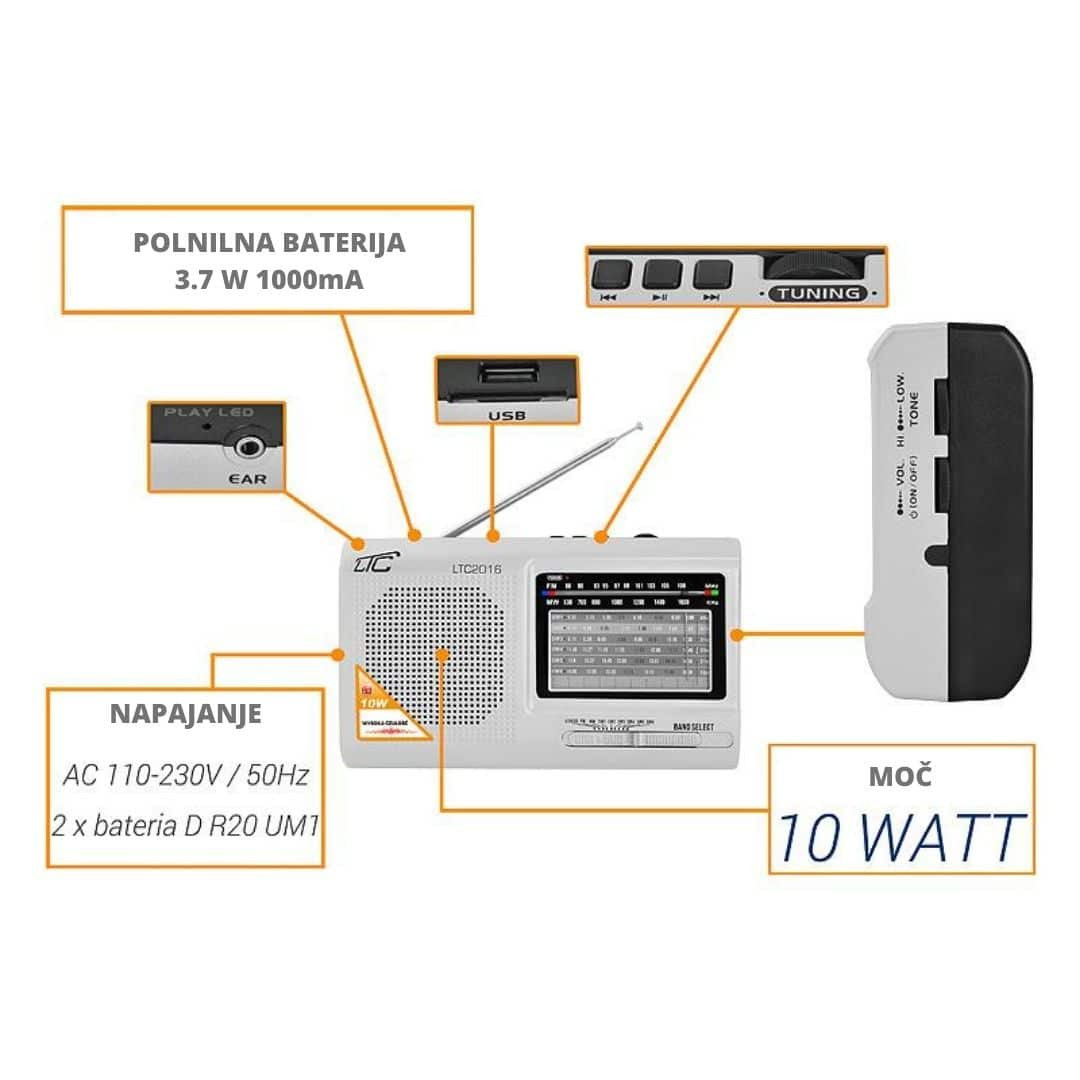 Prenosni radio z MP3 predvajalnikom USB / SD 10W z akumulatorjem 210 x 124 x 57 mm
