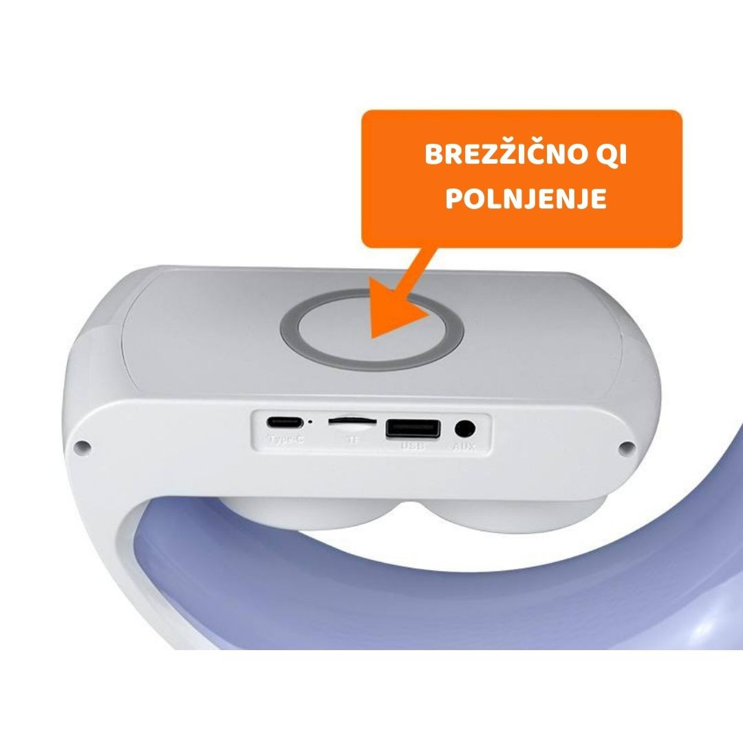 Namizna RGB LED svetilka z brezžičnim polnilcem / bluetooth zvočnik / FM / USB / micro SD / AUX / ura /alarm