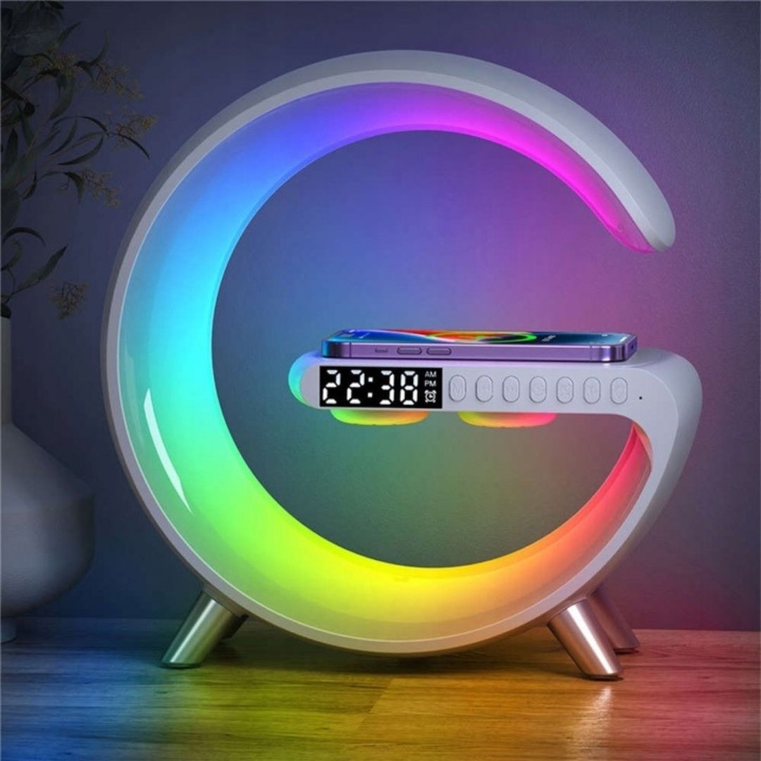 Namizna RGB LED svetilka z brezžičnim polnilcem / bluetooth zvočnik / FM / USB / micro SD / AUX / ura /alarm