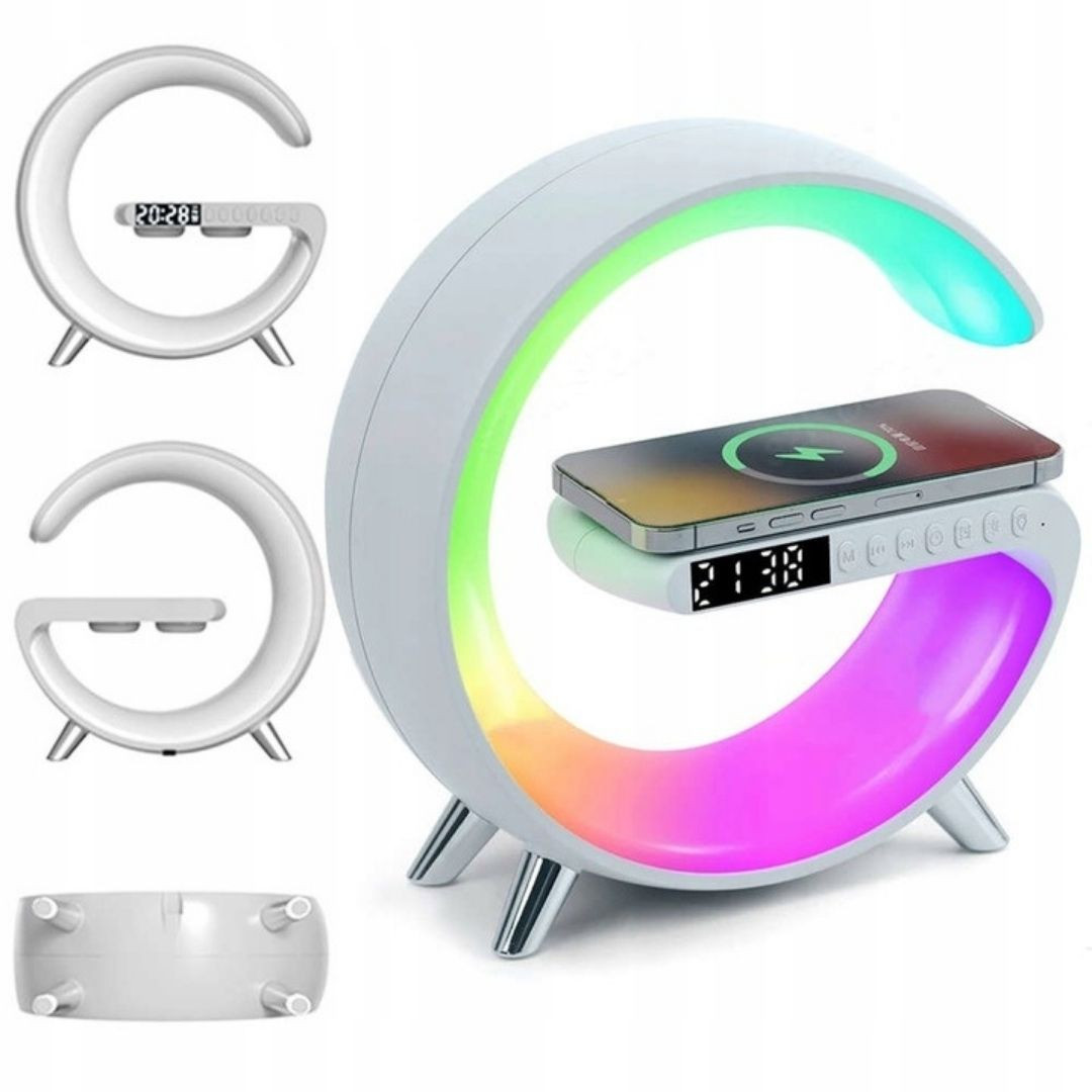 Namizna RGB LED svetilka z brezžičnim polnilcem / bluetooth zvočnik / FM / USB / micro SD / AUX / ura /alarm