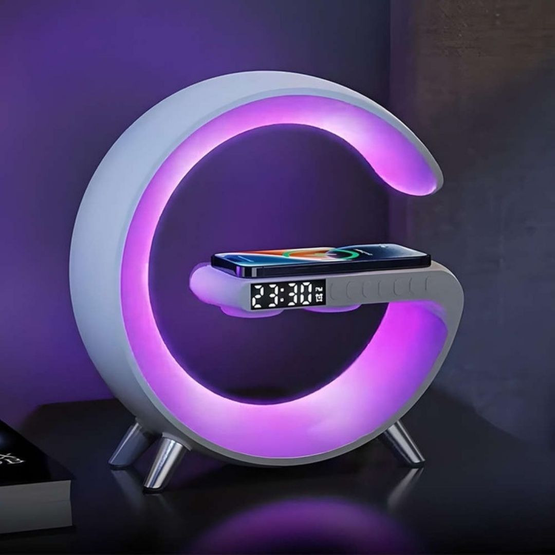 Namizna RGB LED svetilka z brezžičnim polnilcem / bluetooth zvočnik / FM / USB / micro SD / AUX / ura /alarm