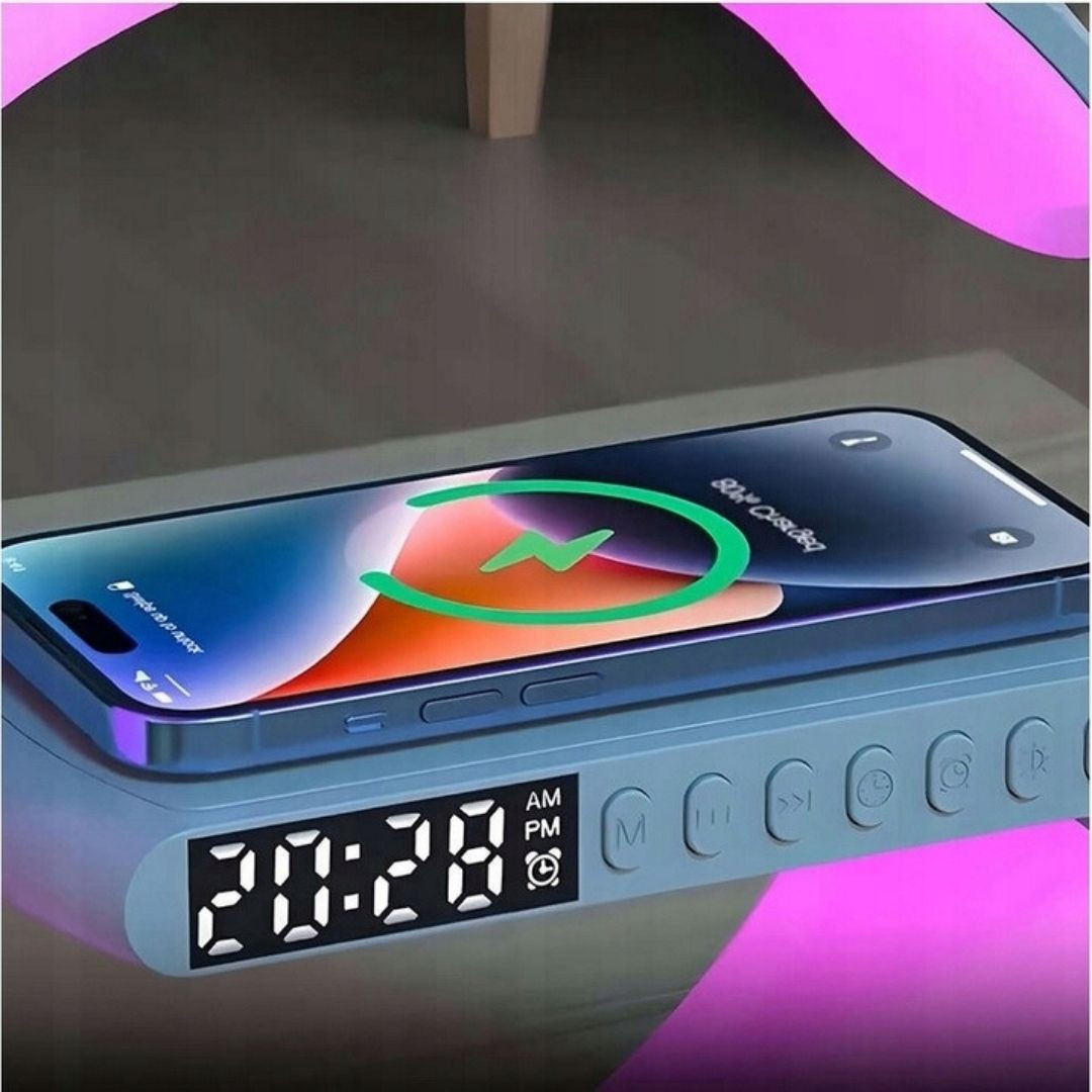 Namizna RGB LED svetilka z brezžičnim polnilcem / bluetooth zvočnik / FM / USB / micro SD / AUX / ura /alarm