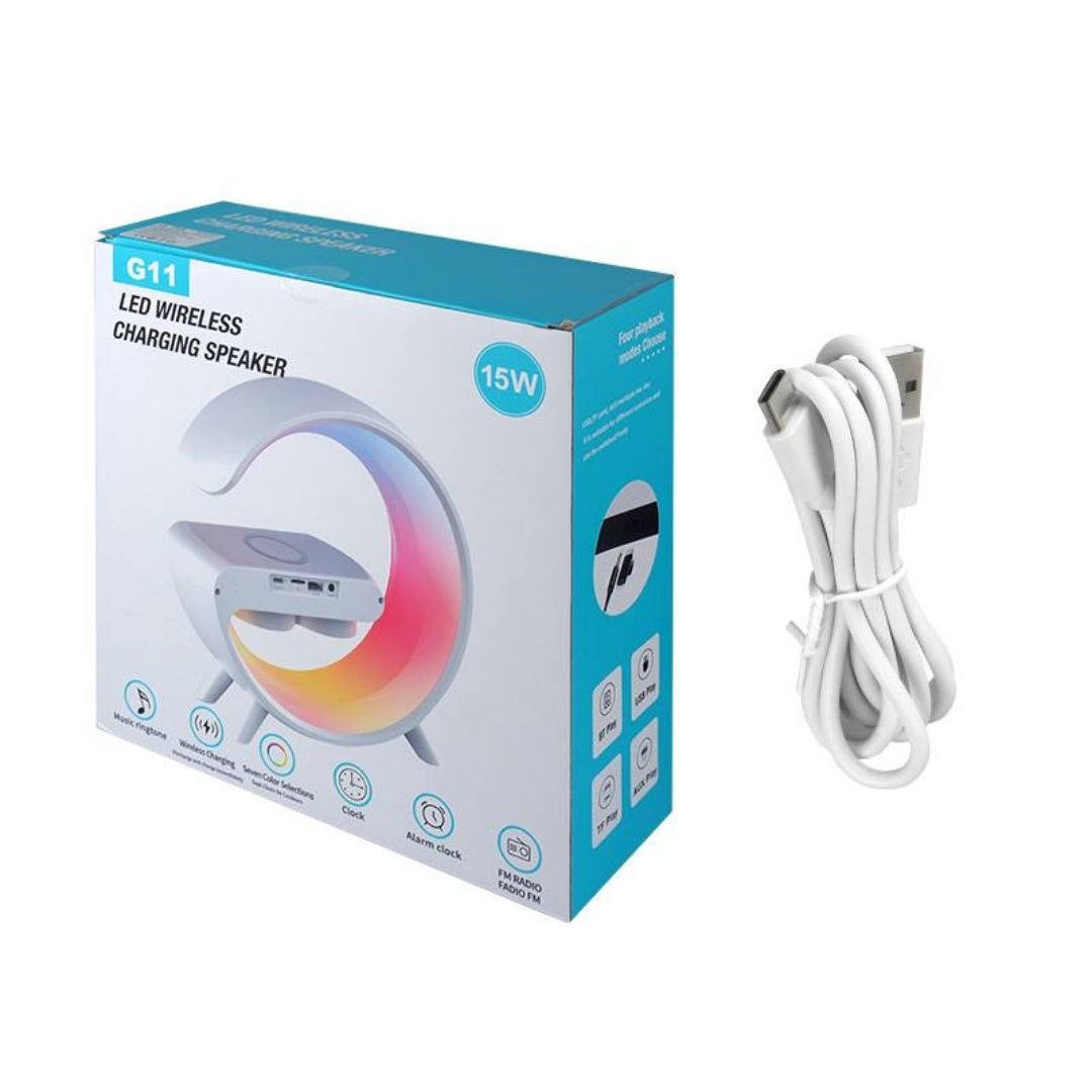 Namizna RGB LED svetilka z brezžičnim polnilcem / bluetooth zvočnik / FM / USB / micro SD / AUX / ura /alarm