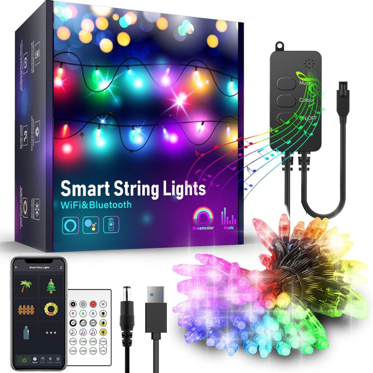 Pametni svetlobni niz Tuya USB 50 RGBIC LED diod 5 m Wi-Fi, Bluetooth vsaka LED svoja barva