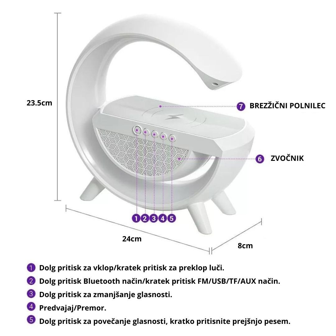 RGB LED namizna svetilka z brezžičnim polnilcem in bluetooth zvočnikom