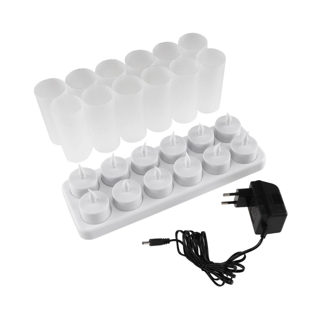 Set 12 LED čajnih svečk s kozarci in polnilno postajo
