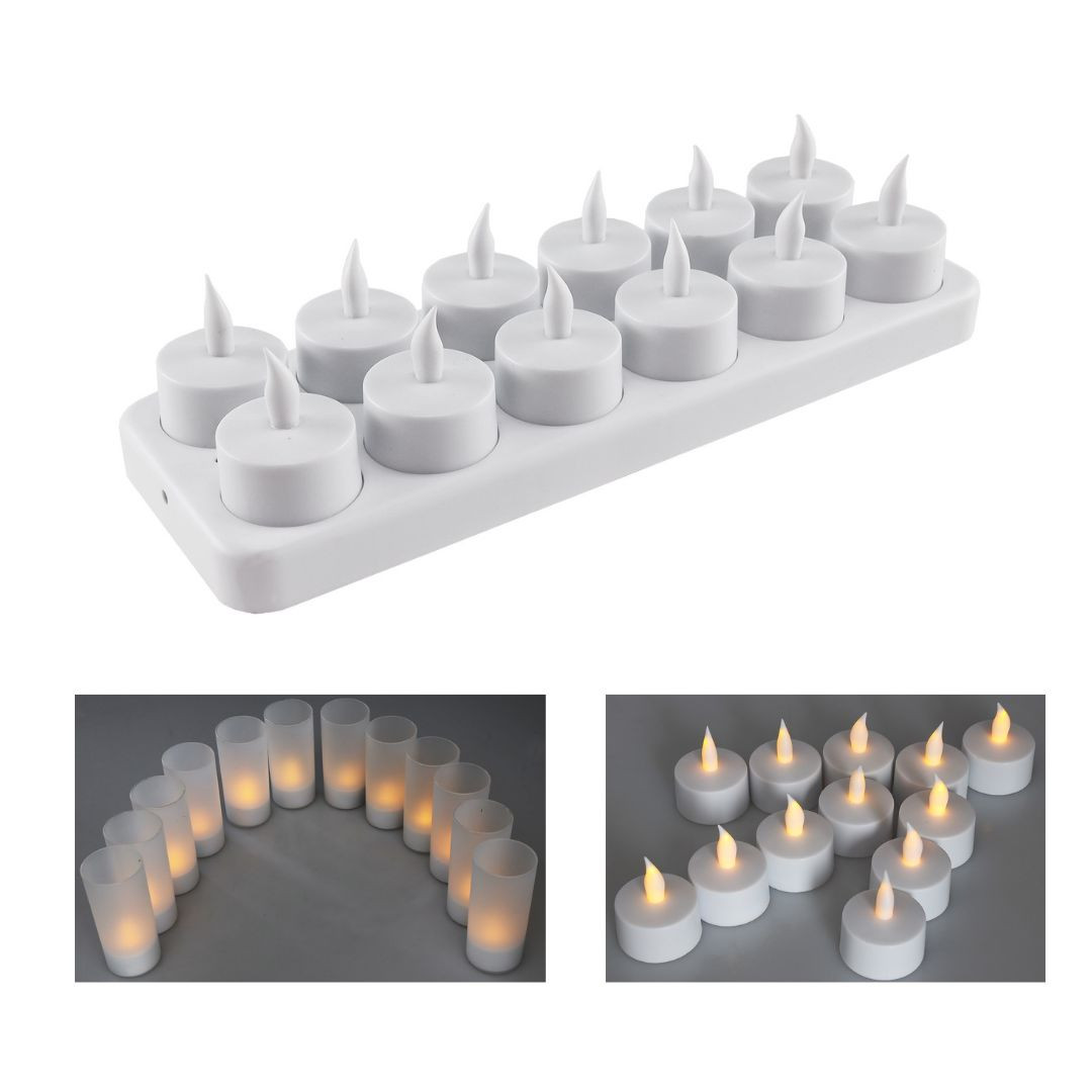 Set 12 LED čajnih svečk s kozarci in polnilno postajo