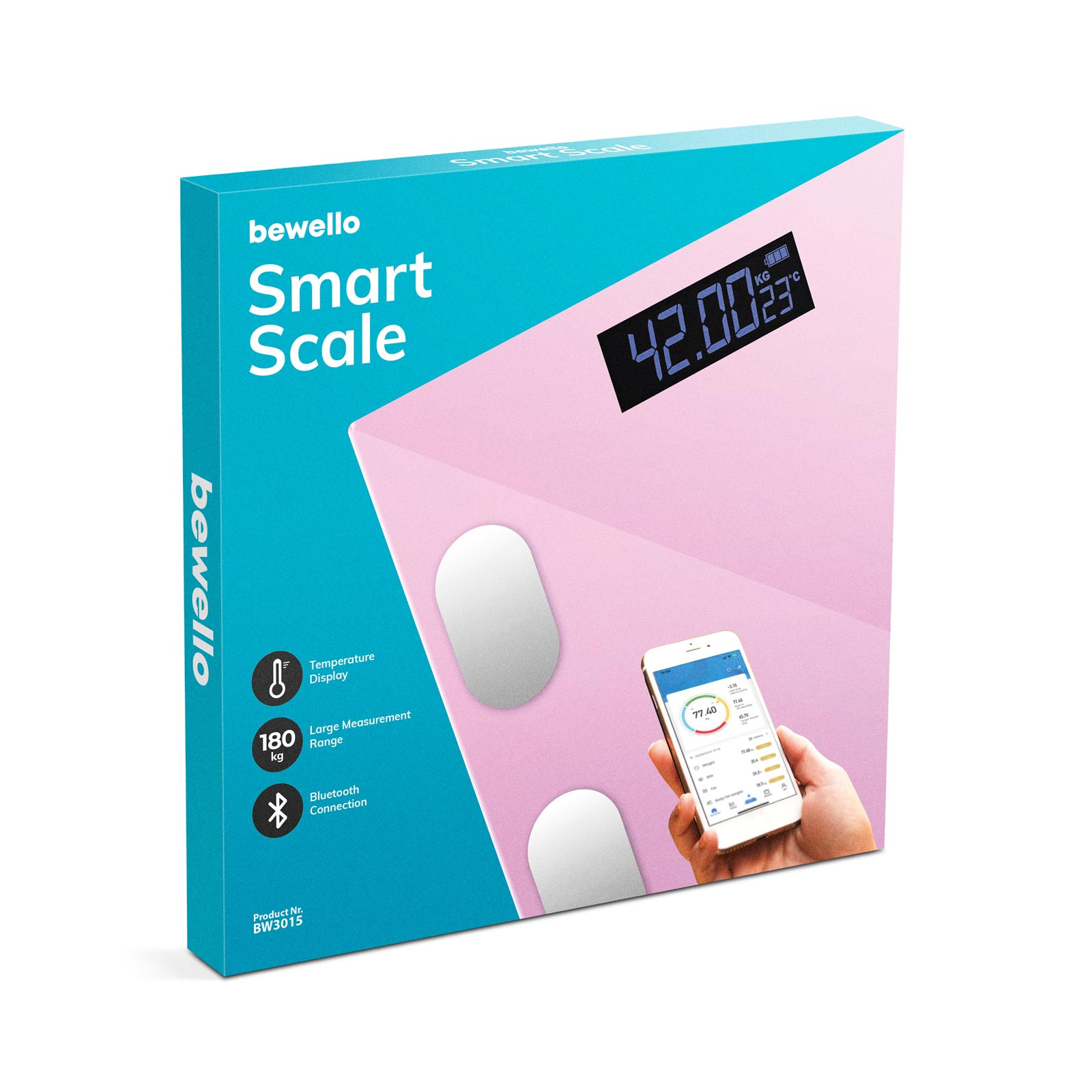 Pametna Bluetooth steklena osebna tehtnica na baterije 0,2 - 180kg 26 x 26cm