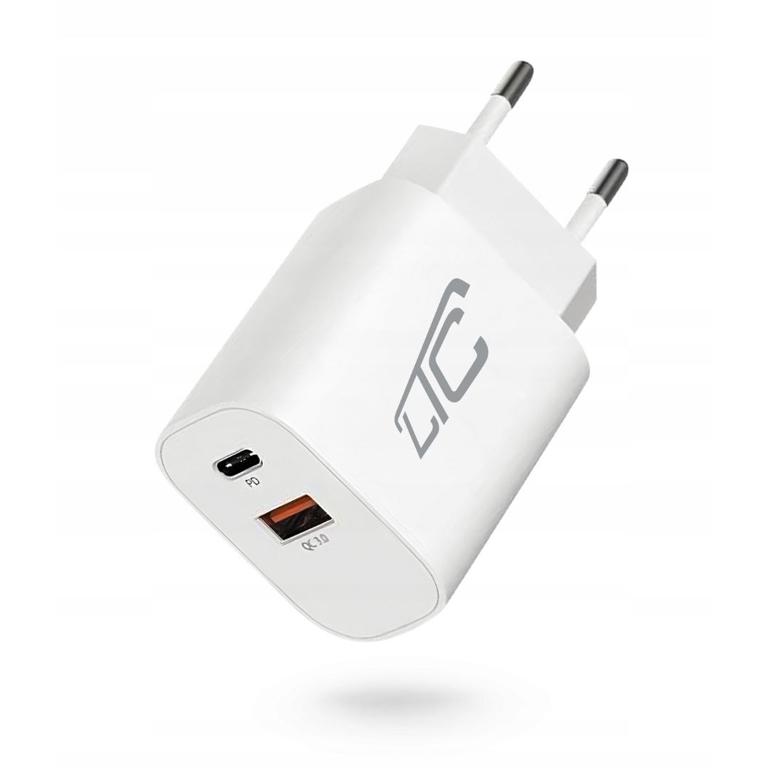 Omrežni polnilec USB QC 3.0 + USB-C 20W bel