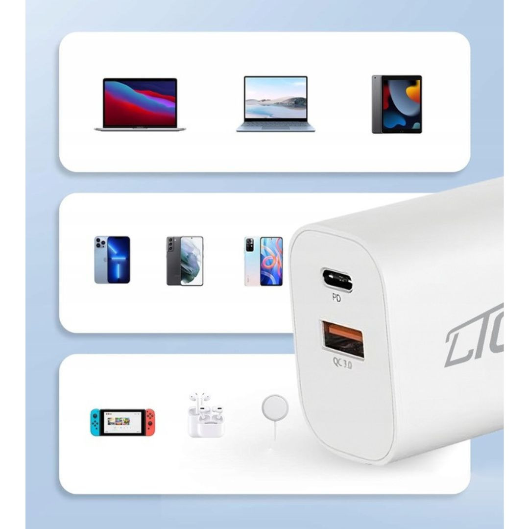 Omrežni polnilec USB QC 3.0 + USB-C 20W bel