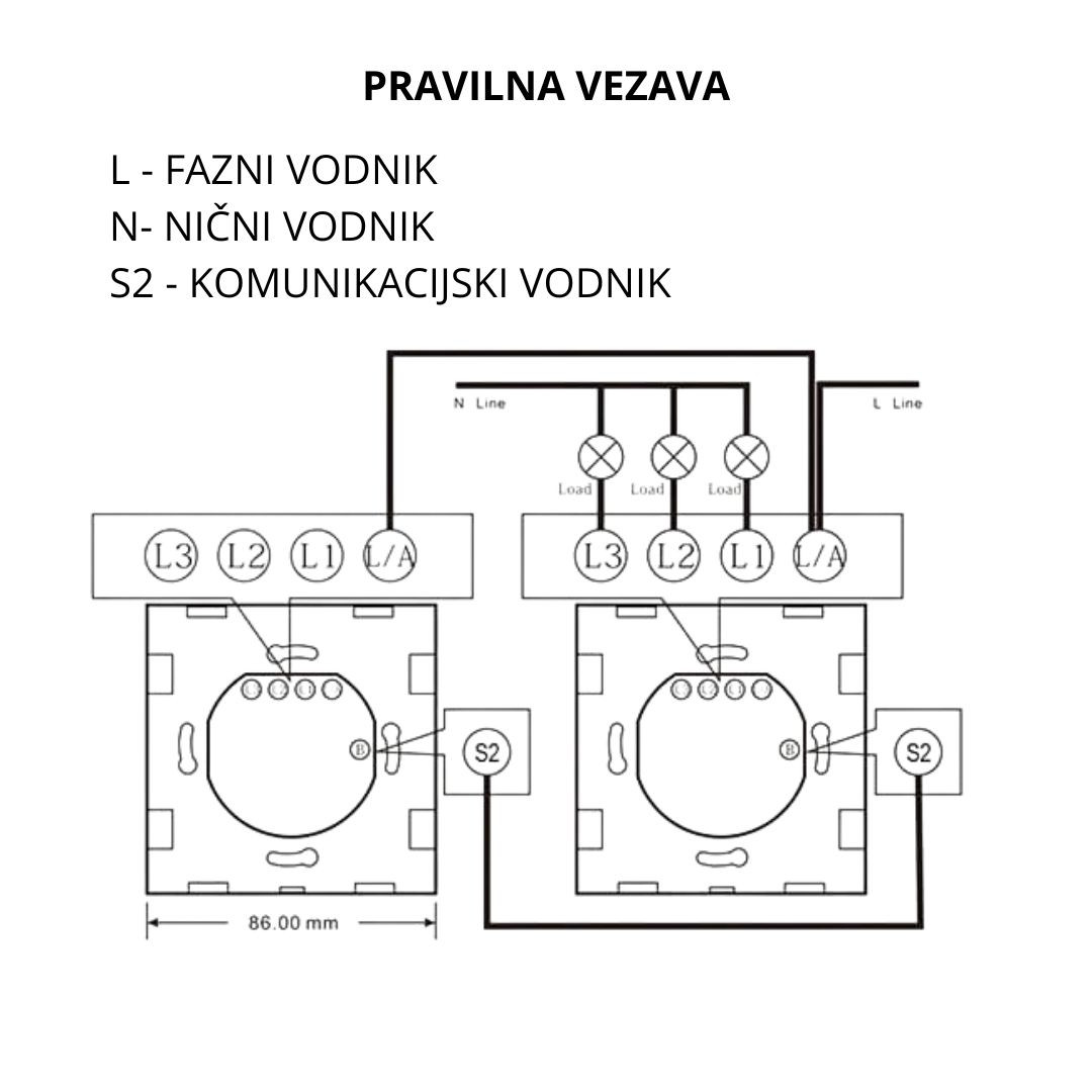 Stekleno stikalo na dotik menjalno (stopniščno) S1 (opcija S2 ali RF daljinec) enojno belo z LED indikatorjem