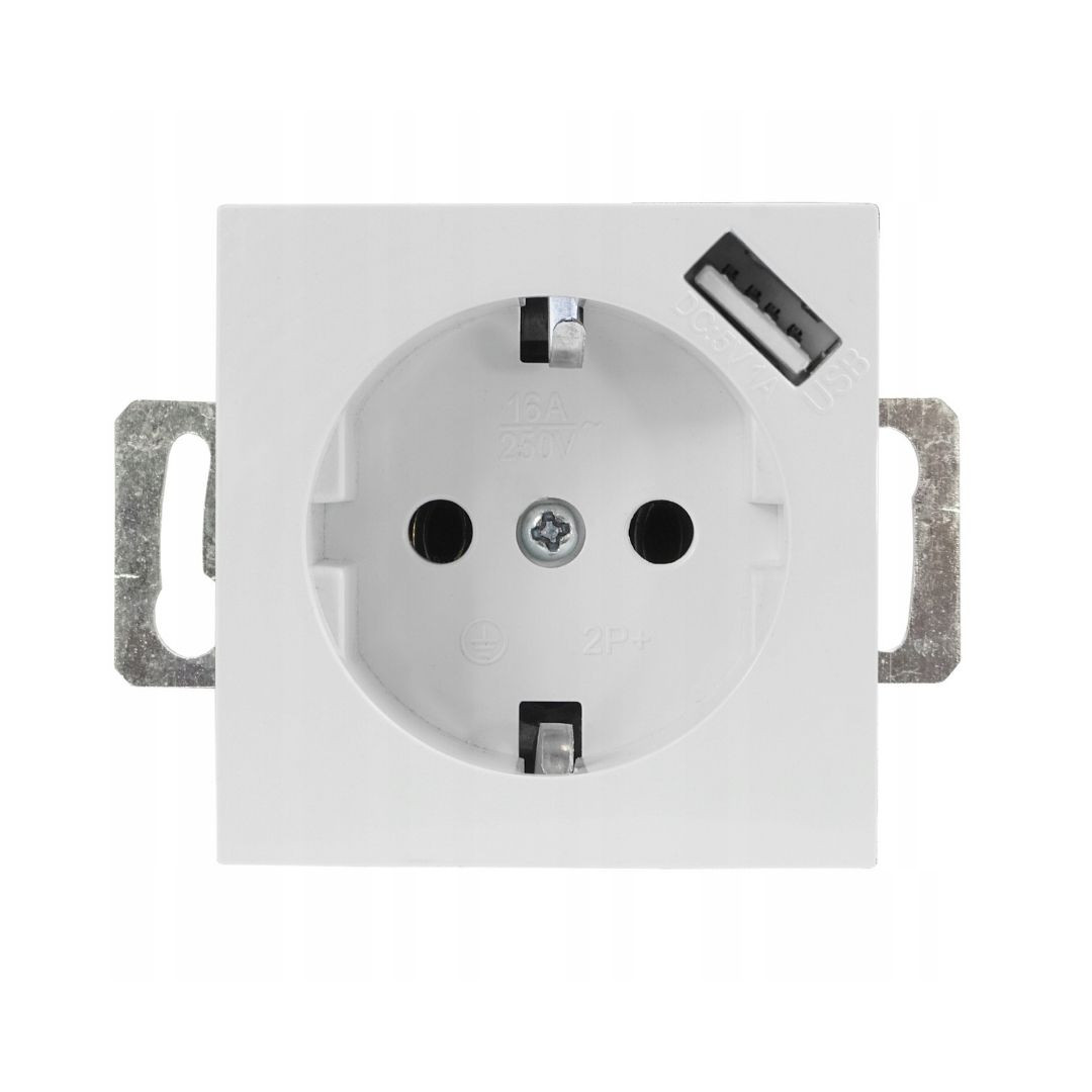 Vtičnica schuko + USB Quadra enojna brez okvirja bela 230V
