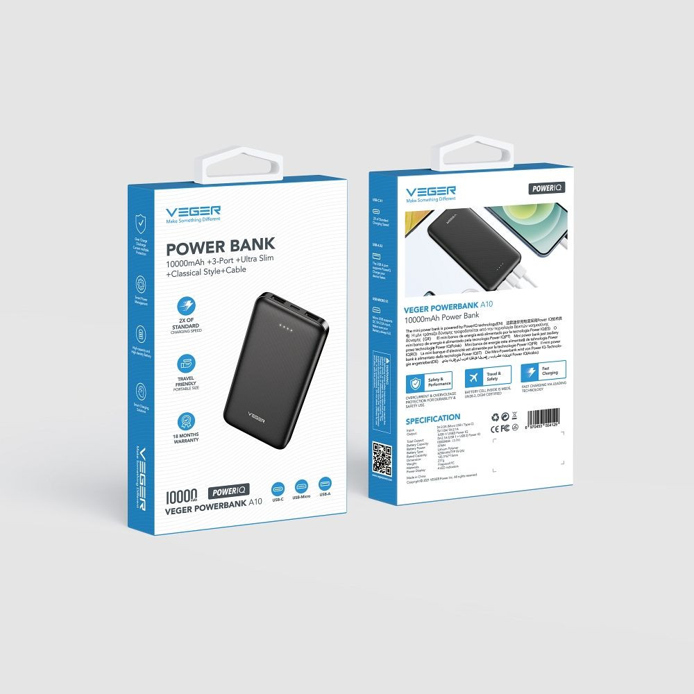 Prenosna baterija power bank 10.000 mAh 2x USB, USB-C, micro USB črn
